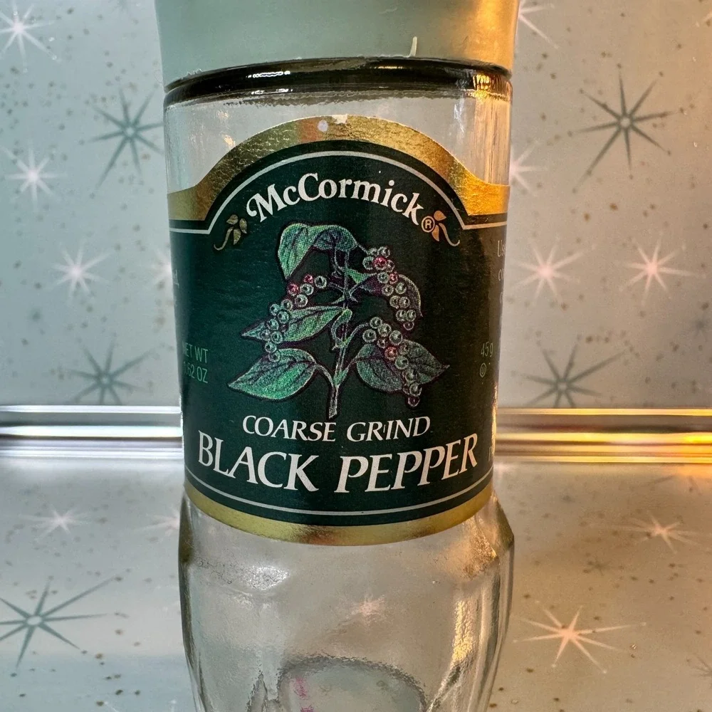 Vintage McCormick Coarse Black Pepper Jar Green Label and Lid Glass Spice Bottle